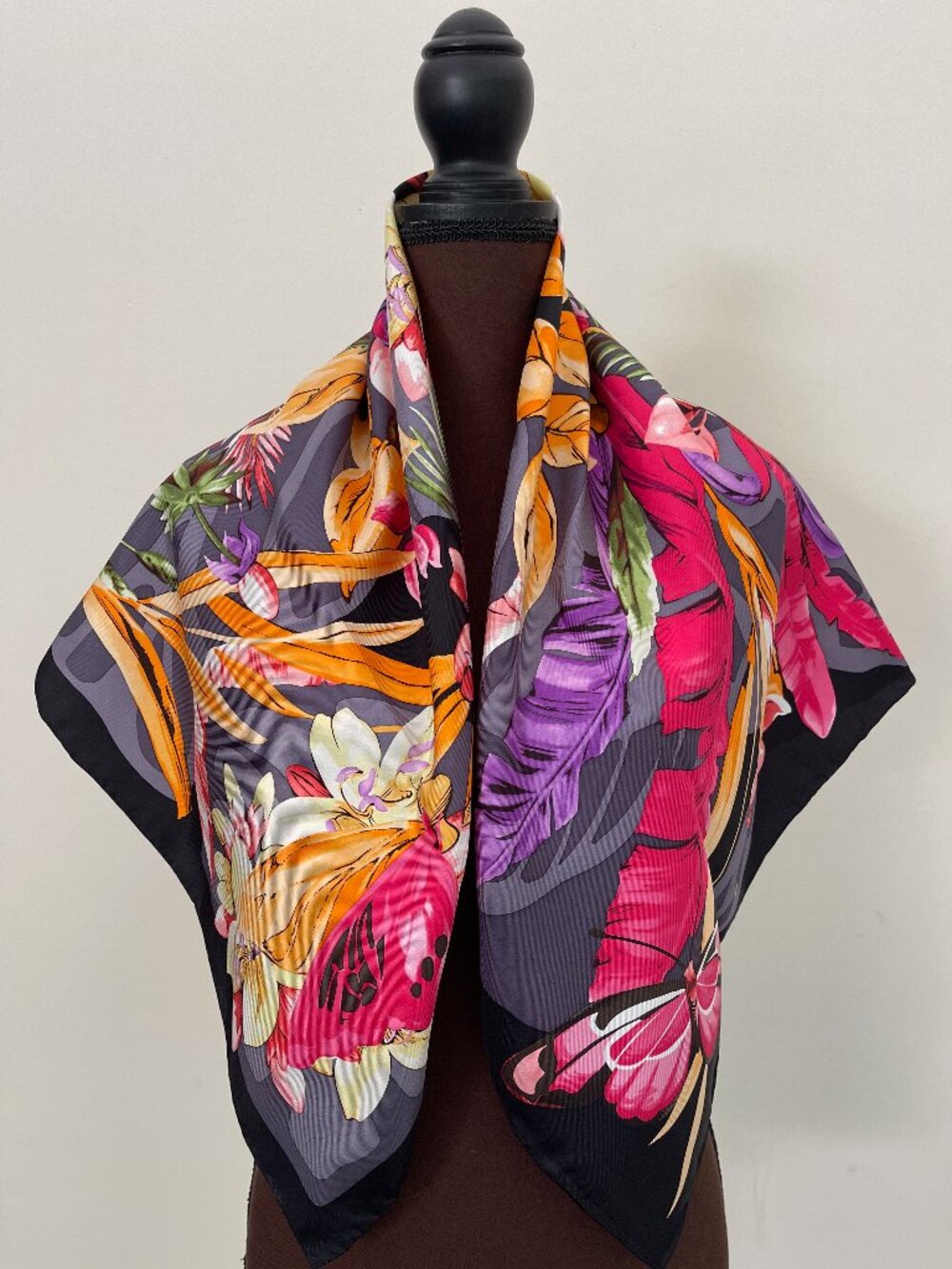 NWT Salvatore Ferragamo Butterfly Floral Black Silk Wrap